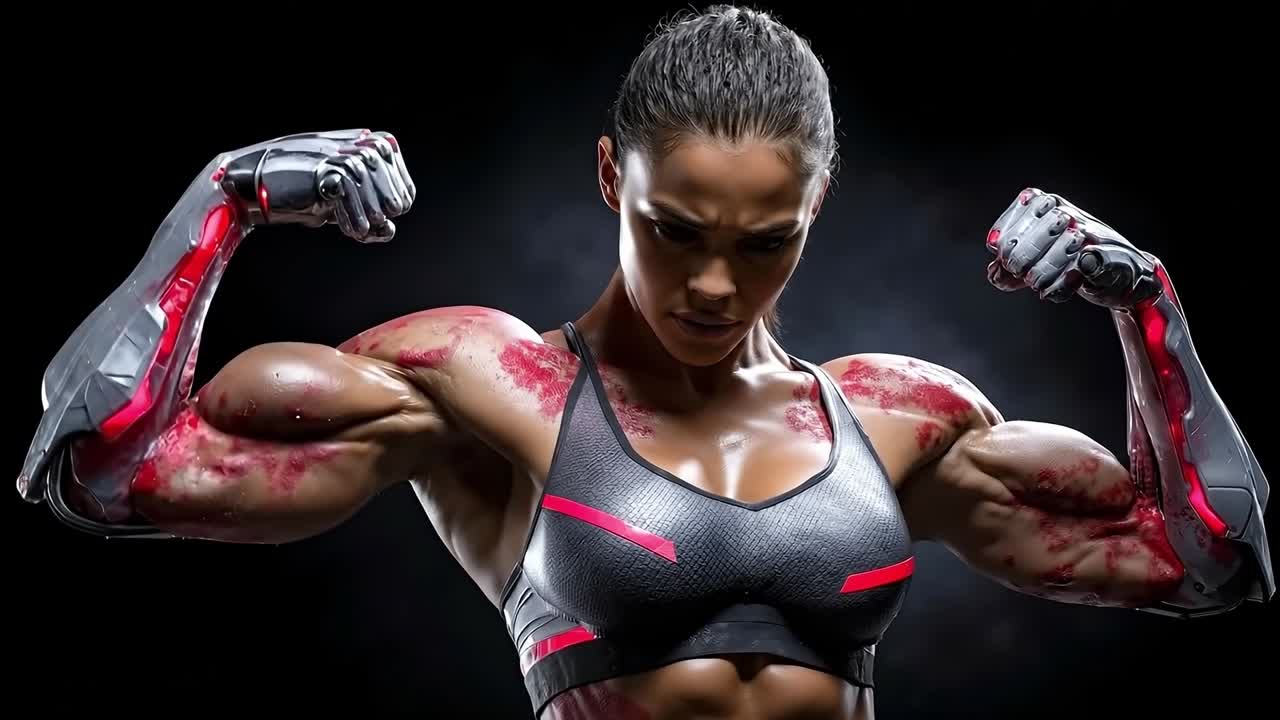 A woman in a sports bra top with blood on her body