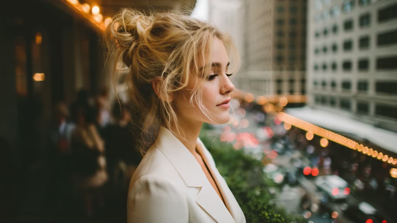 Captivating Portrait of a Young Woman Gazing Thoughtfully Out Over a Busy Cityscape with Illuminated Buildings and Vibrant Traffic Below