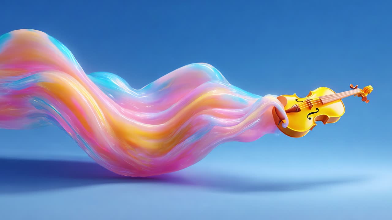 A vibrant and dynamic representation of music in motion with a colorful violin flowing through a brilliant background, illustrating the fusion of art and sound through vivid colors and shapes