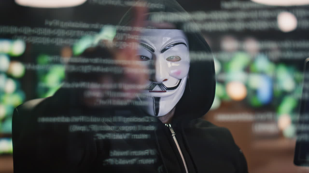 hacker encapuchado rompiendo el sistema de seguridad en datos holograma primer plano. hombre señalando