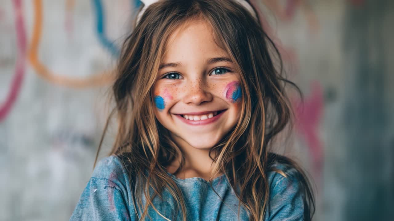 Una niña alegre con pinturas faciales coloridas en las mejillas sonriendo alegremente contra un fondo vibrante, capturando inocencia y alegría en un momento de pura felicidad