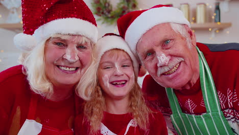 POV-of-senior-grandparents-with-grandchild-girl-taking-selfie-on-mobile-phone-on-Christmas-kitchen