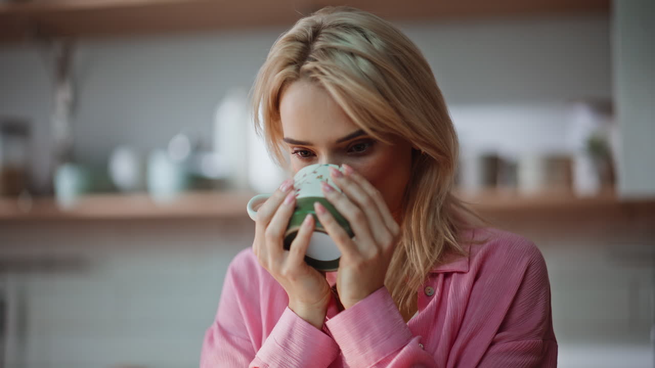 Smiling businesswoman drinking coffee taking work break in home office closeup