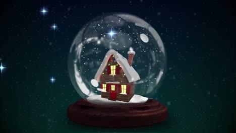 Animation-of-snow-globe-with-house-over-stars-on-dark-background