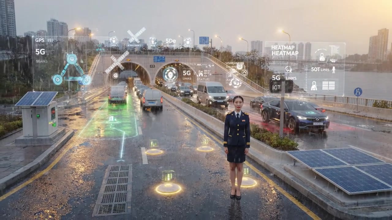 A smart transportation interchange showcasing advanced traffic management and connectivity technologies amidst rainy weather, seamlessly integrating vehicles and infrastructure.