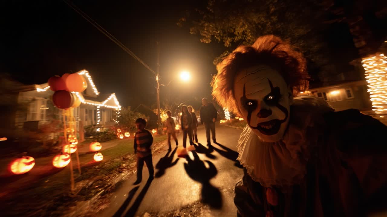 A Spooky Encounter on Halloween Night: A Clown Approaches Trick-or-Treaters Amidst a Haunted Neighborhood Decorated with Glowing Pumpkins and Eerie Lights