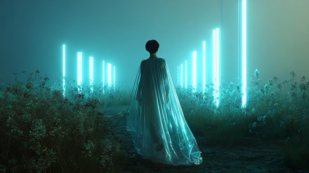 Woman in a dreamy landscape with neon lights