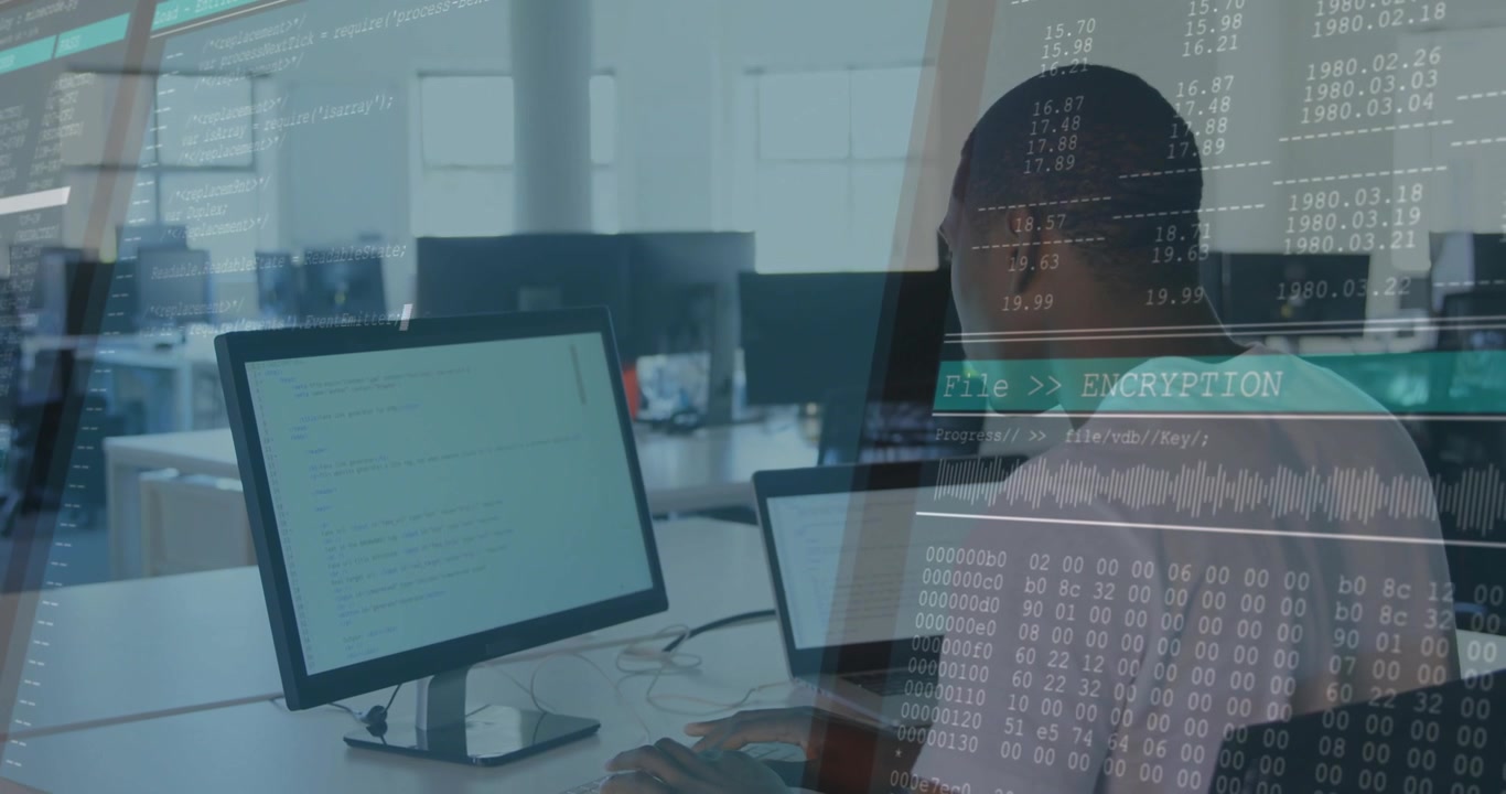 Developer typing and pressing Enter, starting ENCRYPTION overlay over dual screens to show security