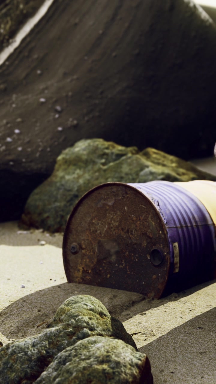 Rusty metal barrel on sandy beach near rocks and boulders during daylight