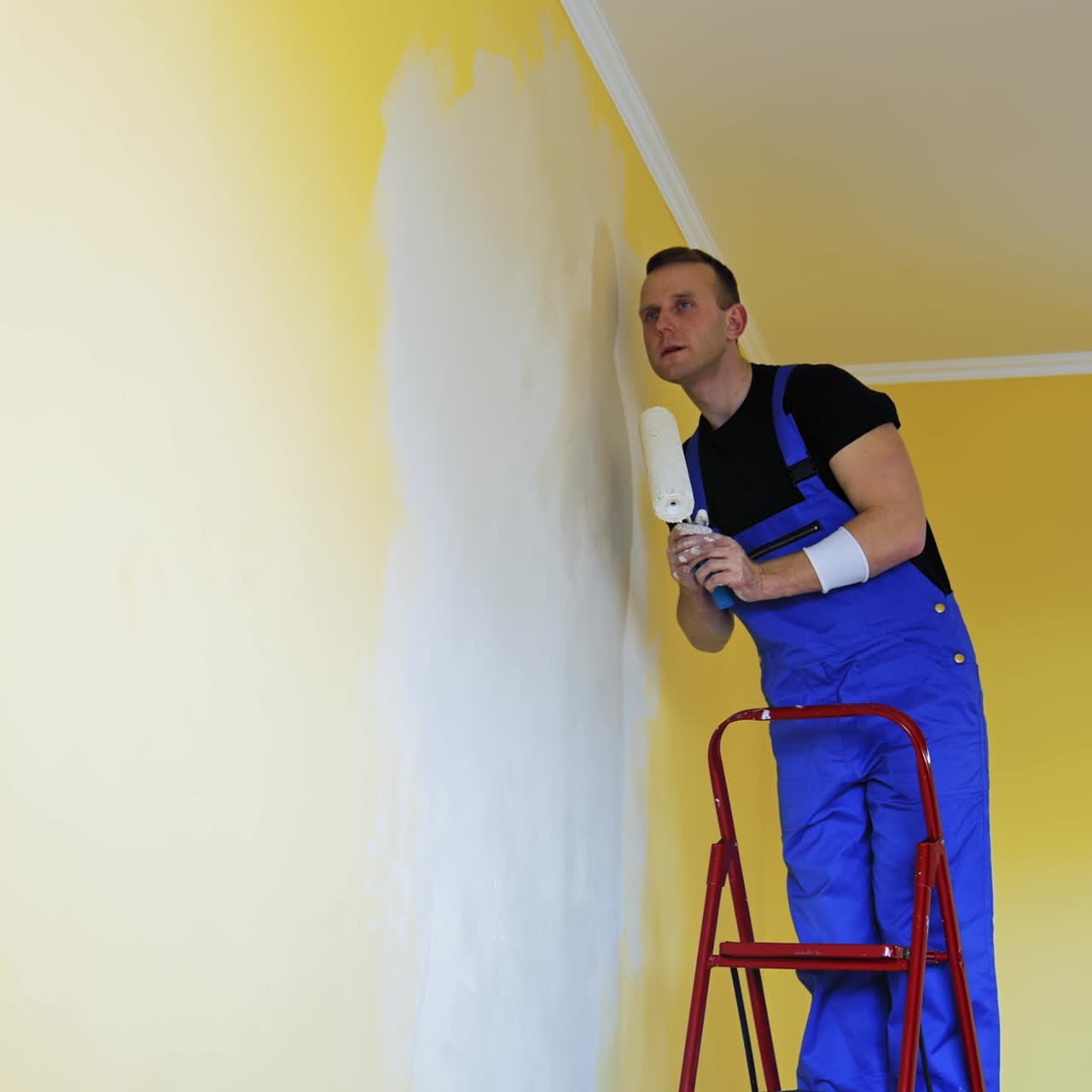 Concentrated male worker is painting room. Handsome man in work overalls stands on a ladder and painting wall with a roller white paint. Renovation in flat