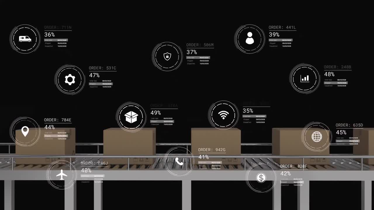 animación de iconos con procesamiento de datos sobre cajas en cinta transportadora sobre fondo negro