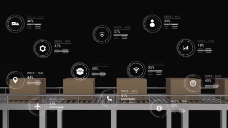 Animation-of-icons-with-data-processing-over-boxes-on-conveyor-belt-on-black-background
