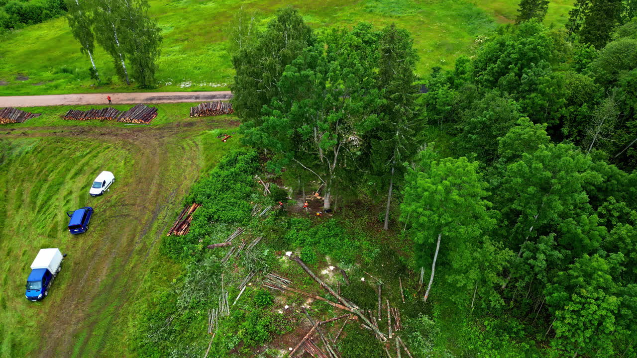 Aerial view of a logging operation in a green forest with cut timber and parked vehicles