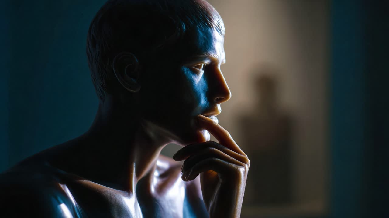 Thoughtful Expression of a Sculpted Figure Against a Soft Background, Capturing Emotion and Reflection with Artistic Flair and Intricate Lighting Details