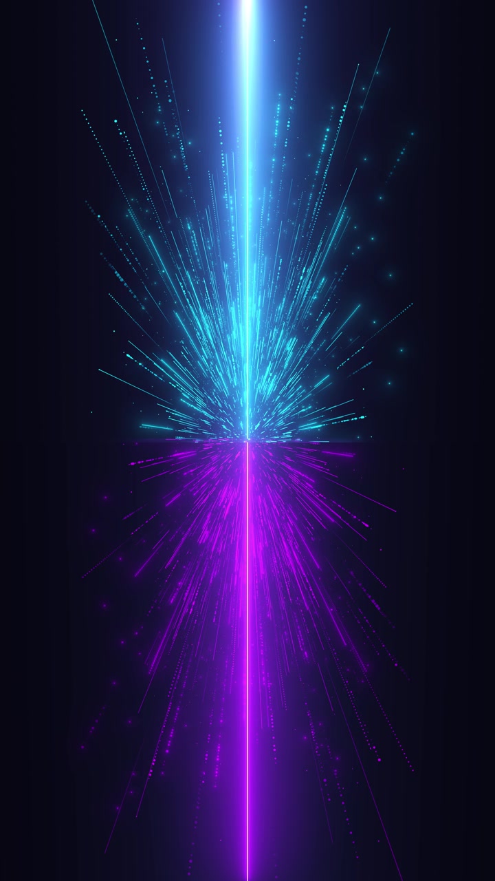 Sfondo neon con esplosione di colori divisi, strisce blu e viola, bagliore centrale, gradiente scuro, profondità dinamica per club.