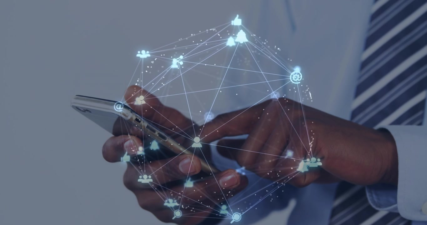 Animation of data processing over african american businessman using smartphone