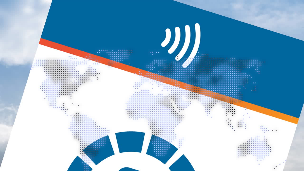 animación del mapa del mundo y los datos sobre la pantalla con pago táctil y icono wifi