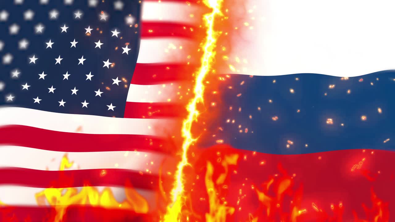 미국 대 러시아 플래그 온 파이어 루프 애니메이션