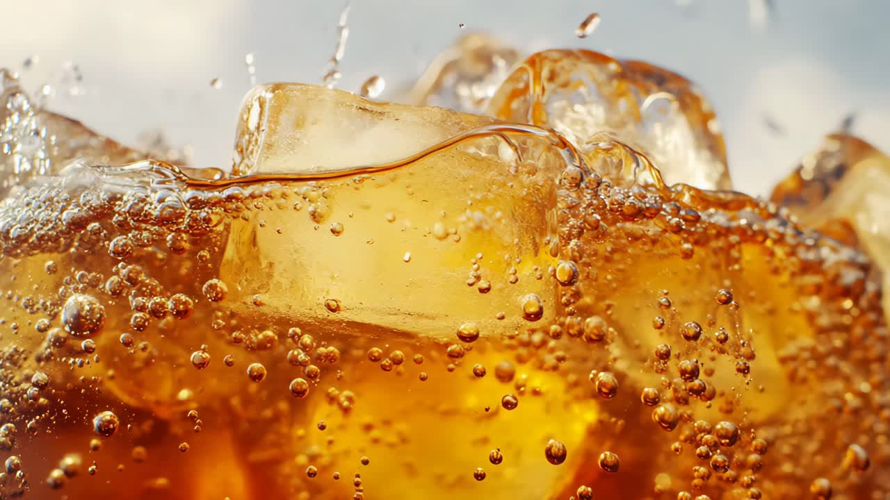 Closeup of a cold, carbonated drink with ice