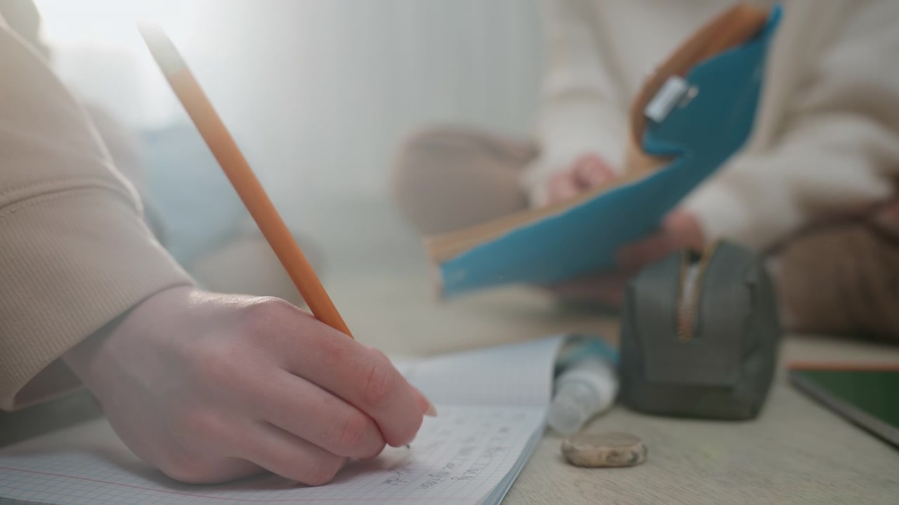 Close up pencil writing on notebook tutor holds blue notebook student sits crosslegged on floor pencil case and eraser nearby soft morning light gentle grammar coaching guided homework correction cozy