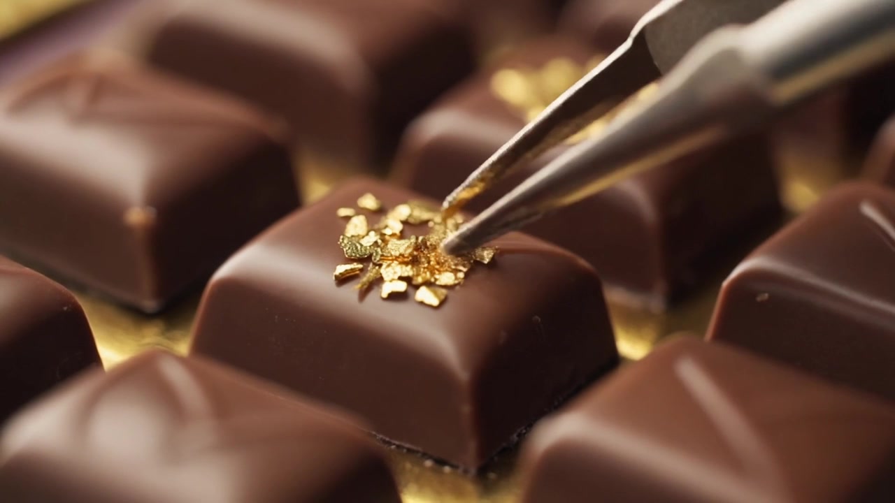 Pasticcere che decora cioccolato gourmet con foglia d'oro commestibile