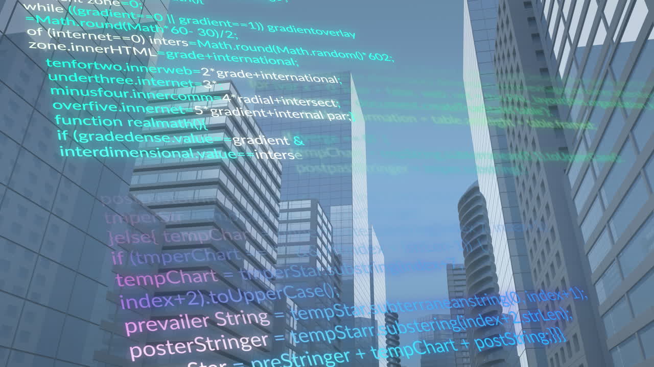 Animation of multicolored computer language over low angle view of modern buildings against sky