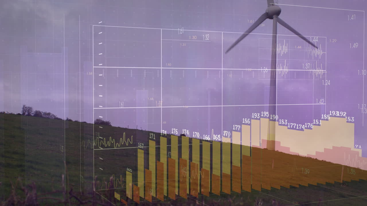Wind turbine on hill with bar graph and data overlay animation