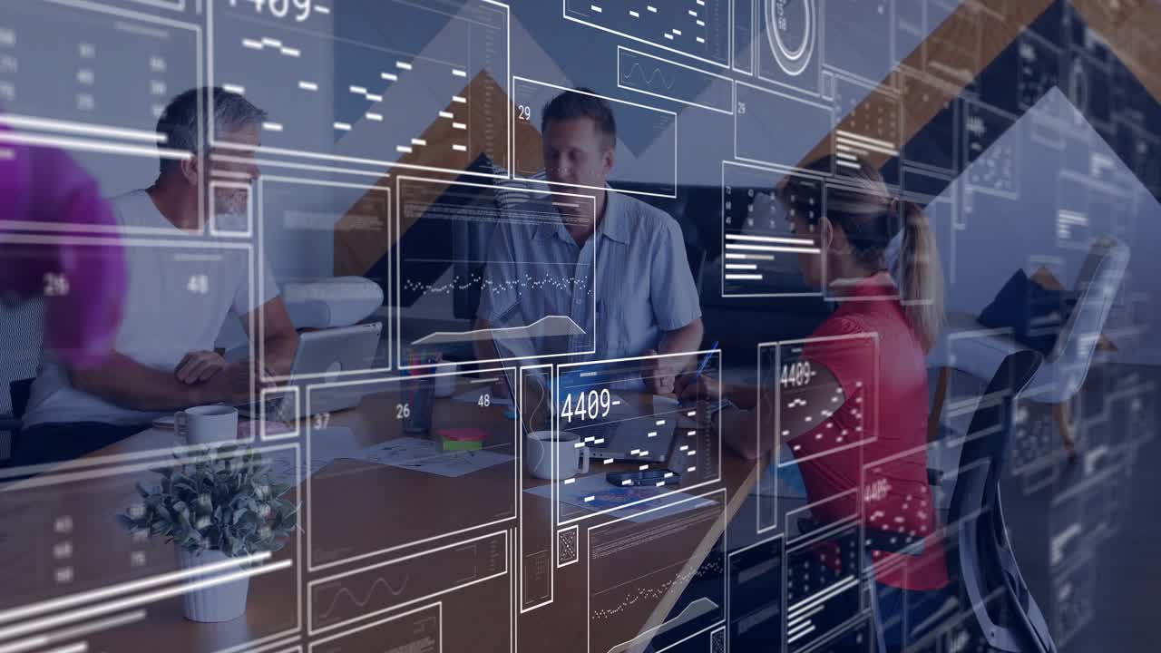 Floating graphs cycling, revealing team analyzing charts and passing documents for business review