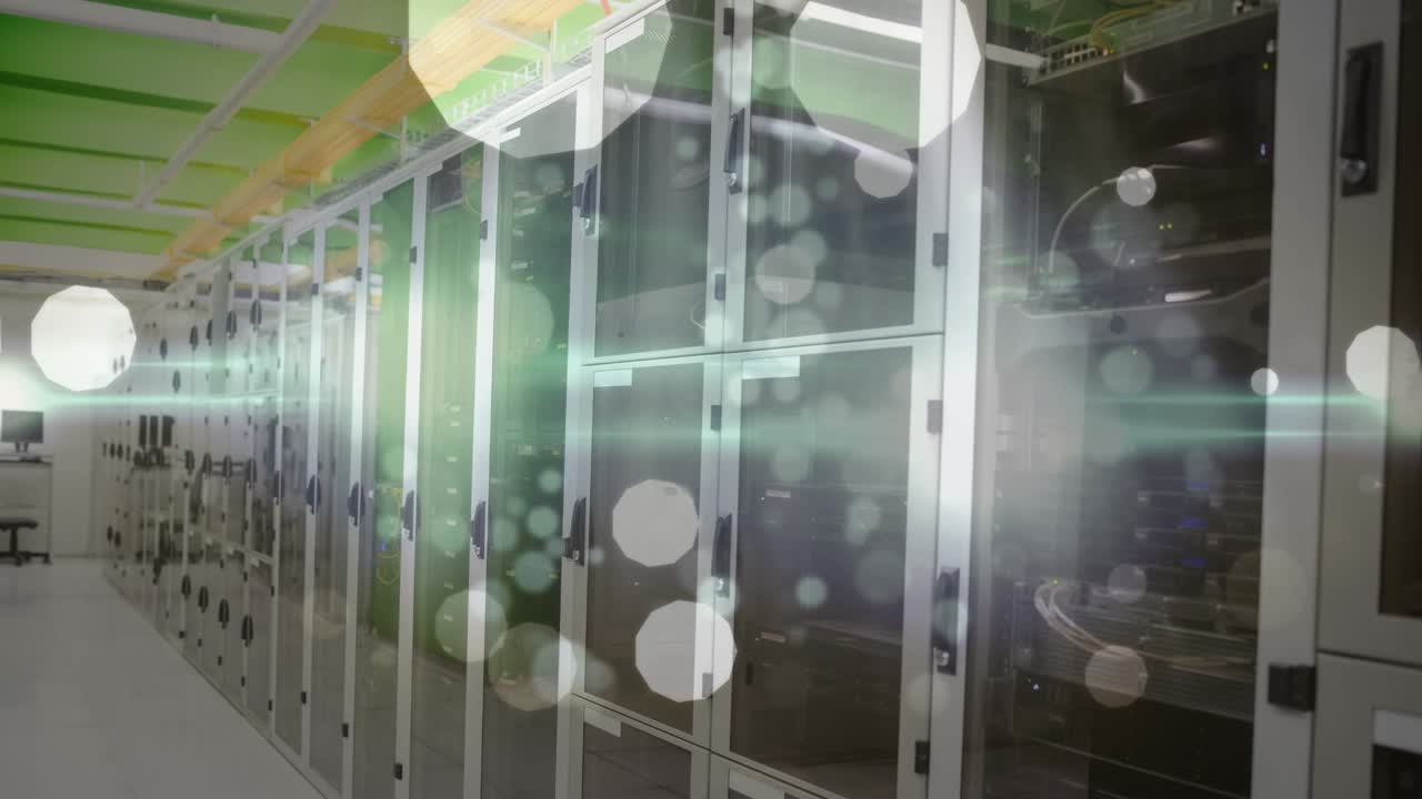 Animation of lights and dots floating over servers