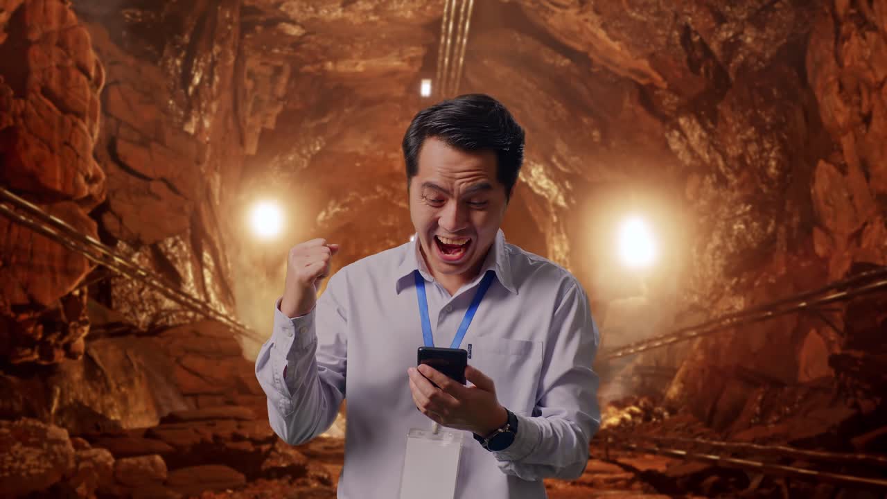 Asian Male Professional Worker Standing With His Smartphone In Underground Mine Tunnel, He Raises His Fist Up With Screaming Goal