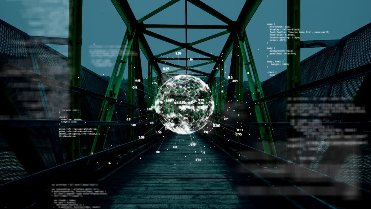 Animation of globe and data processing over bridge