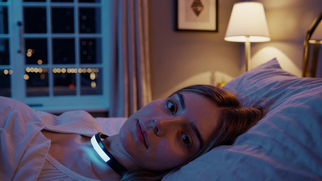 Woman Wearing Sleep Technology Device in Bed at Night
