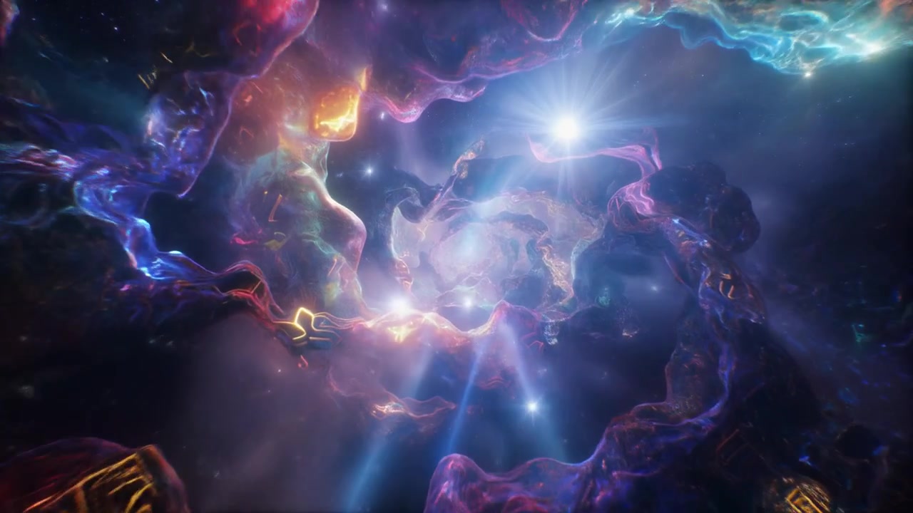 Tunnel Cosmico Astratto con Simboli Antichi Luminosi e Nubi di Nebulosa