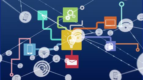 Animation of network of connections with icons on blue background