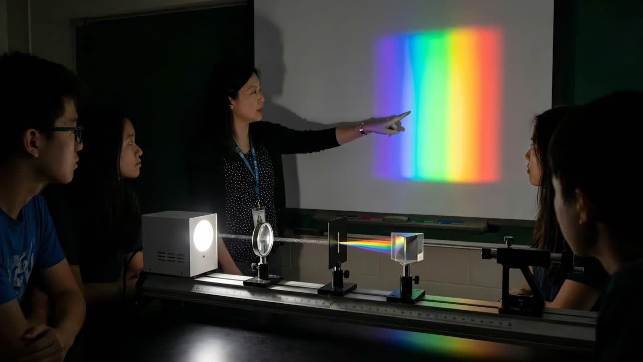 Science experiment demonstrating light refraction with a prism and rainbow effect