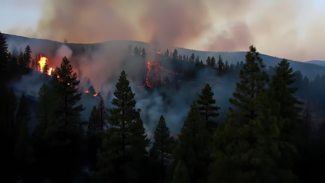 A Dramatic Landscape Scene Captured Amidst a Wildfire, Showcasing Flaming Embers, Smoke, and the Resilience of Nature in a Battling Ecosystem