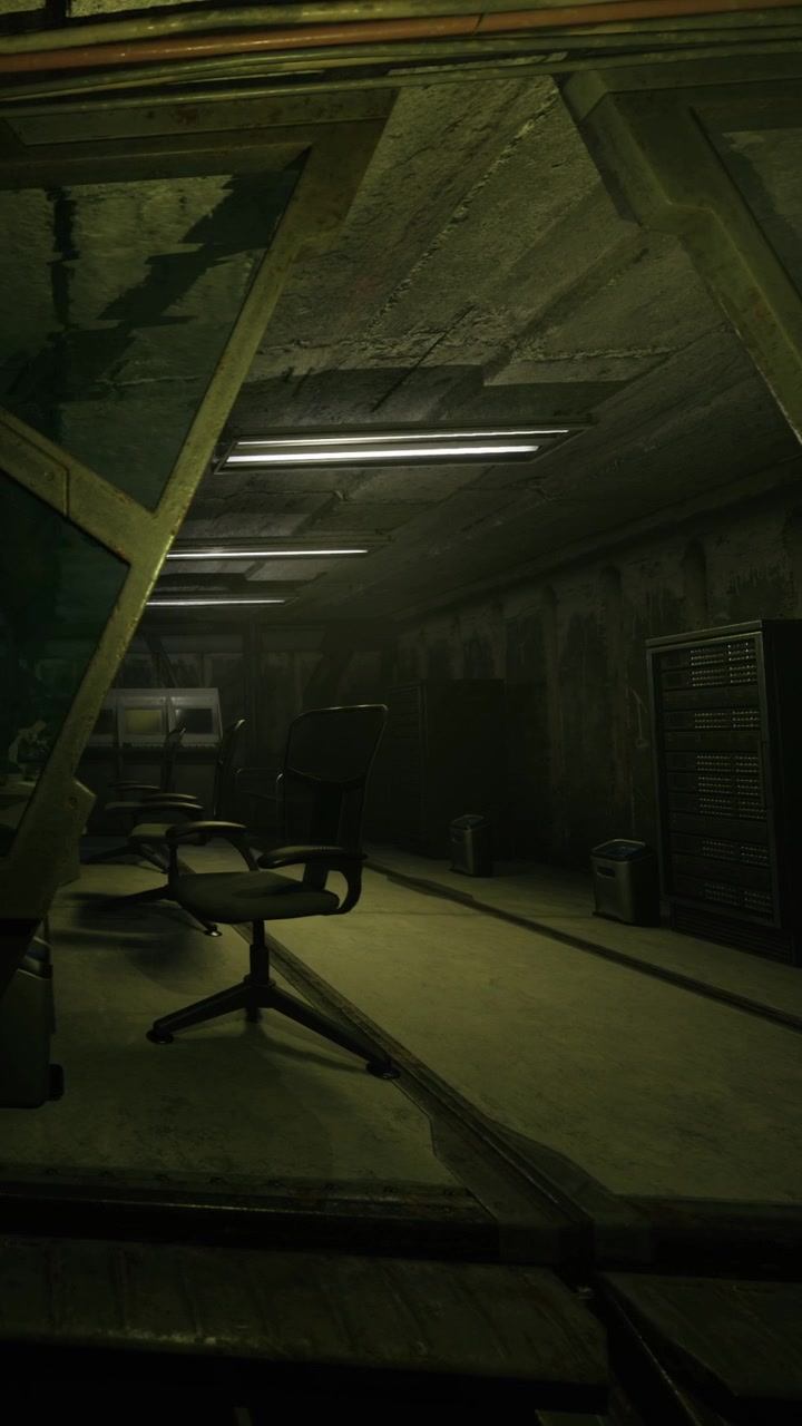 Old office space with dim lighting and simple furniture in a basement