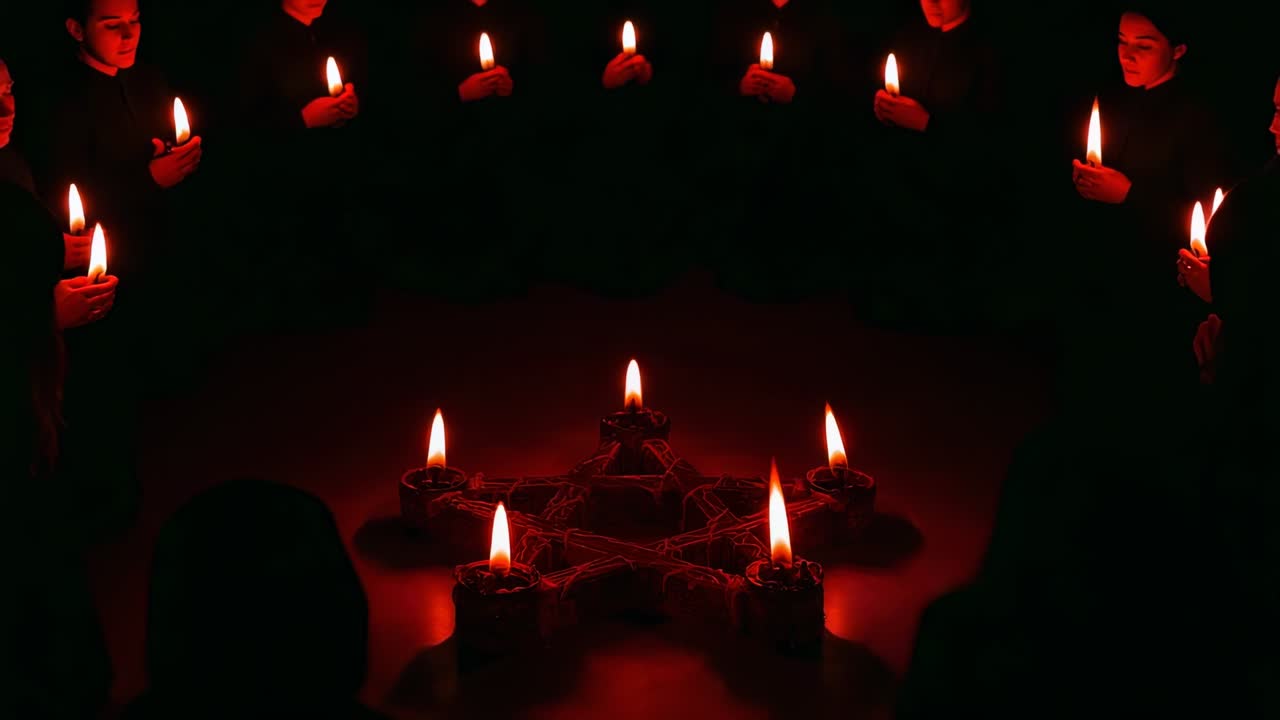 Flickering flame drawing robed participants holding candles circling pentagram in chamber for vigil