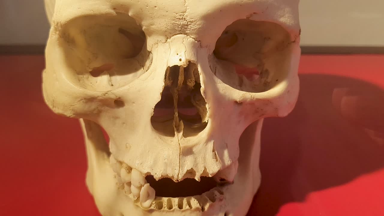 revisión de un cráneo humano con fondo gris en una mesa roja