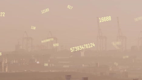 animation of multiple changing numbers floating against aerial view of cityscape