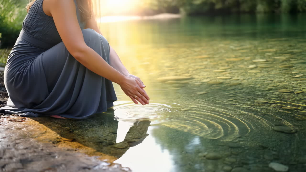Woman touching water in a serene river at sunset
