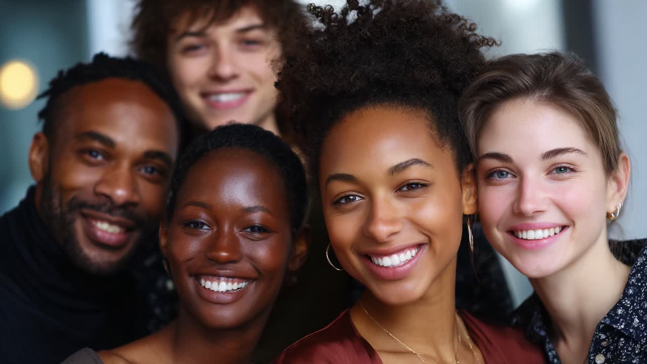 A joyful group of friends smiling together, showcasing their diverse beauty and strong bond, capturing a moment of happiness and camaraderie in a vibrant setting