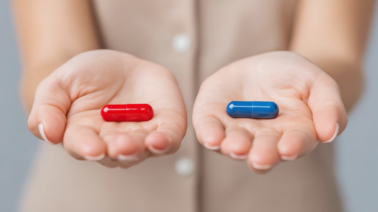 Uma Pessoa Segurando Duas Cápsulas Distintas nas Mãos, uma Pílula Vermelha na Mão Esquerda e uma Pílula Azul na Mão Direita, Simbolizando Escolhas e Decisões