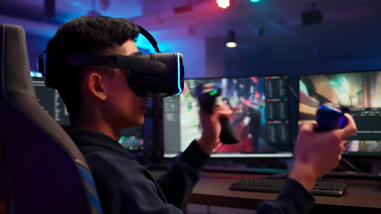 Young Man Playing Virtual Reality Game with VR Headset and Controllers