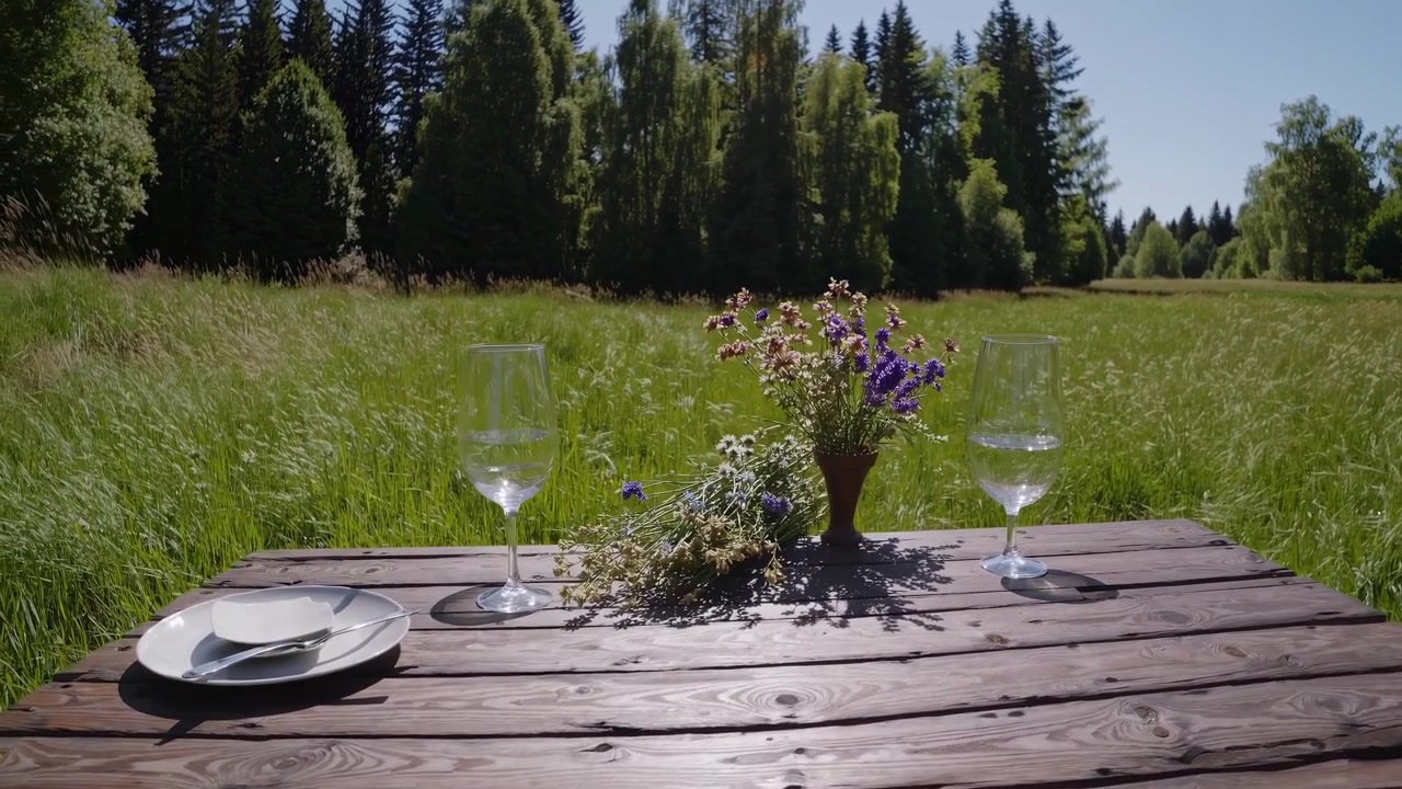 Picnic Table With Flowers and Wine Glasses in a Sunny Meadow