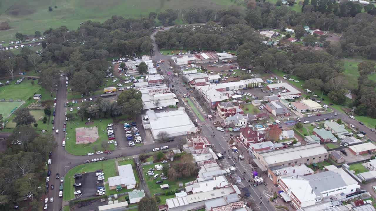 Aerial view over the town of Casterton in western Victoria during the 27th Annual Kelpie Muster, Australia. Western Victoria, Australia. June 2023.