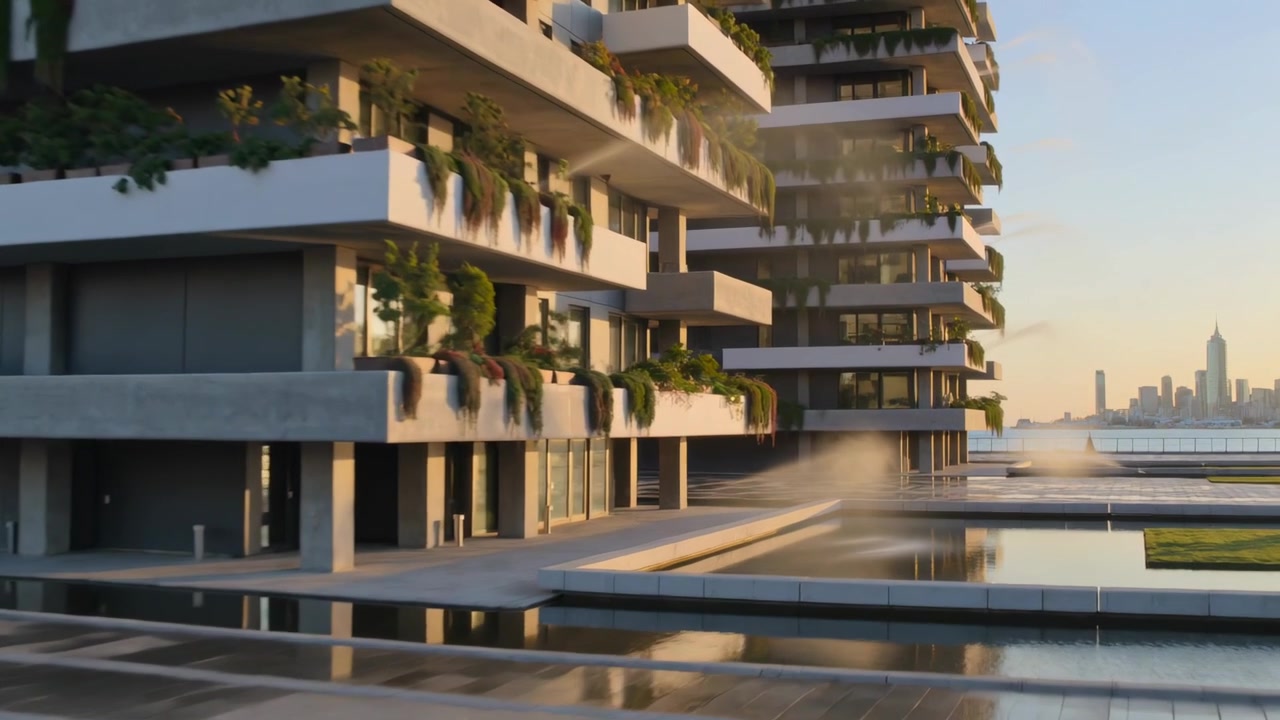 Telecamera panoramica che rivela un edificio a terrazze accanto a una piazza riflettente, mostrando fontane che spruzzano archi d'acqua.