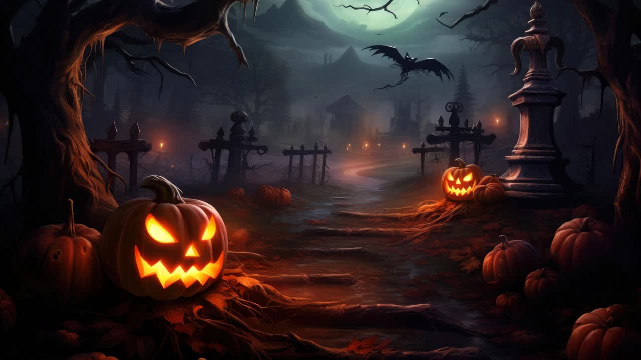 Spooky Halloween scene with glowing pumpkins on a misty path