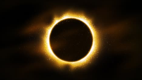 fondo negro de lujo, partículas de brillo dorado en forma de anillo, círculo. marco de oro brillante, lugar para el texto. ceremonia de premiación. borde redondo festivo. eclipse solar decorativo. bucle sin costuras