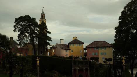 high contrasty view of portmeirion, an italian style tourist village on the coast of north wales, uk